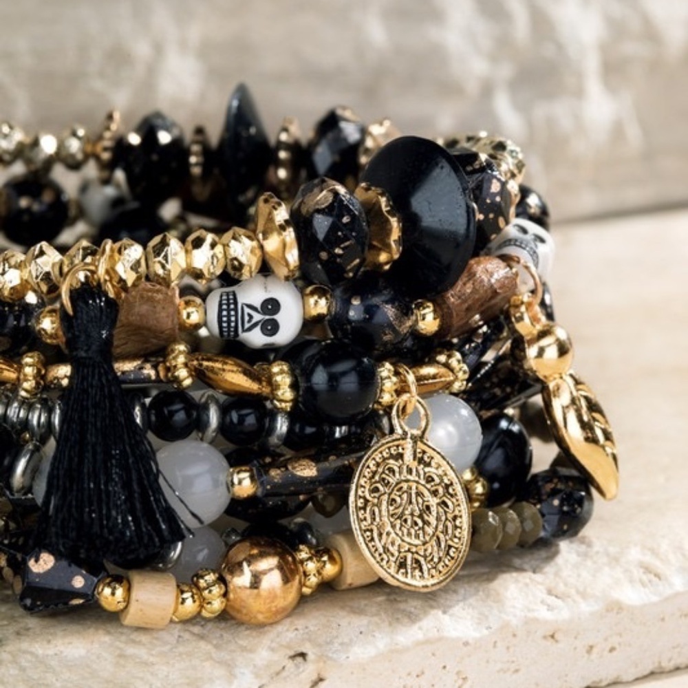 Skull Charmed Beads Bracelet Stack